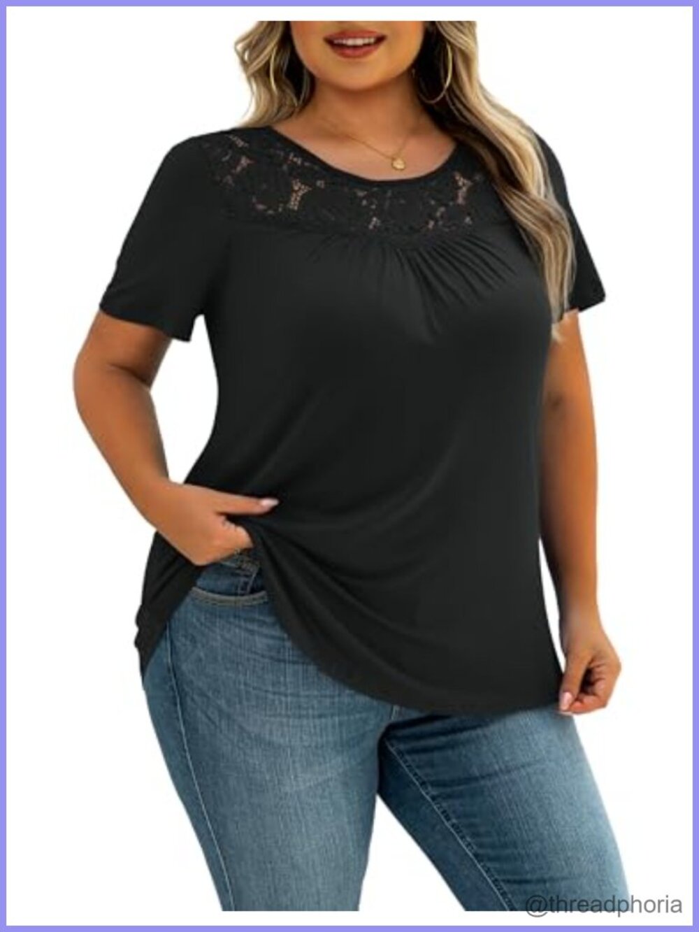 Plus Size Lace Tunic Top Short Sleeve Flowy Blouse for Women